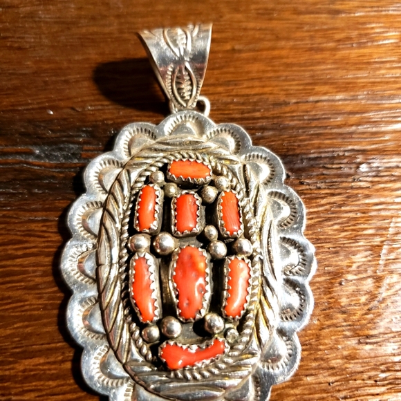 Vintage Sterling Silver Coral Pendant - Picture 2 of 9